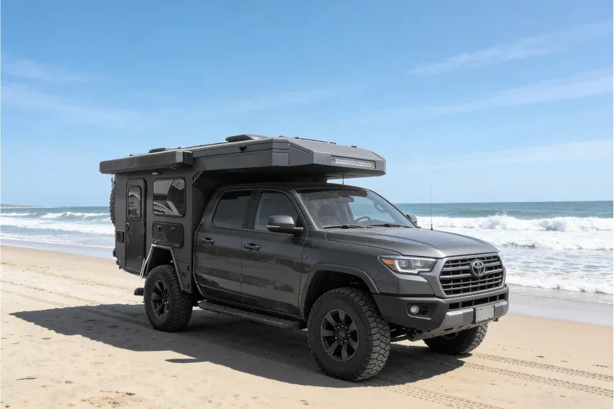 Pickup truck fitted with a TUYU hard-top truck camper with an awning deployed